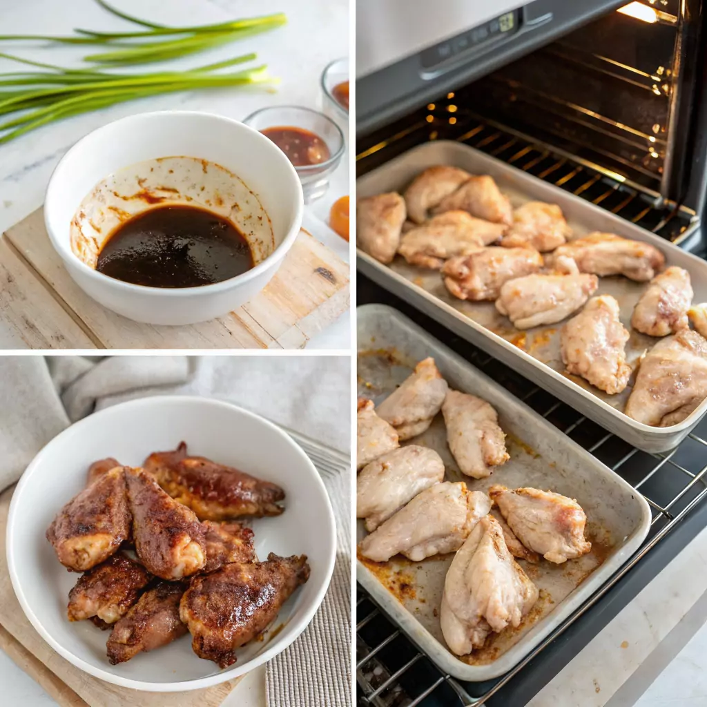 Step-by-step process of making teriyaki wings.