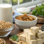 Variety of soy based protein sources including tofu, tempeh, and soy milk.