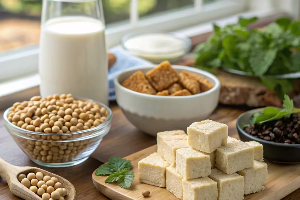 Variety of soy based protein sources including tofu, tempeh, and soy milk.