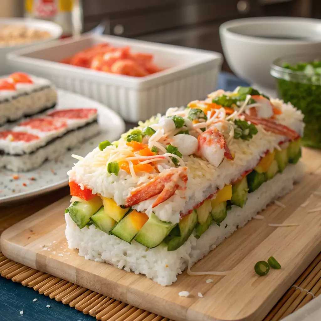 Layering sushi bake filling with crab and cream cheese