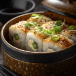 Delicious baked sushi casserole topped with green onions.