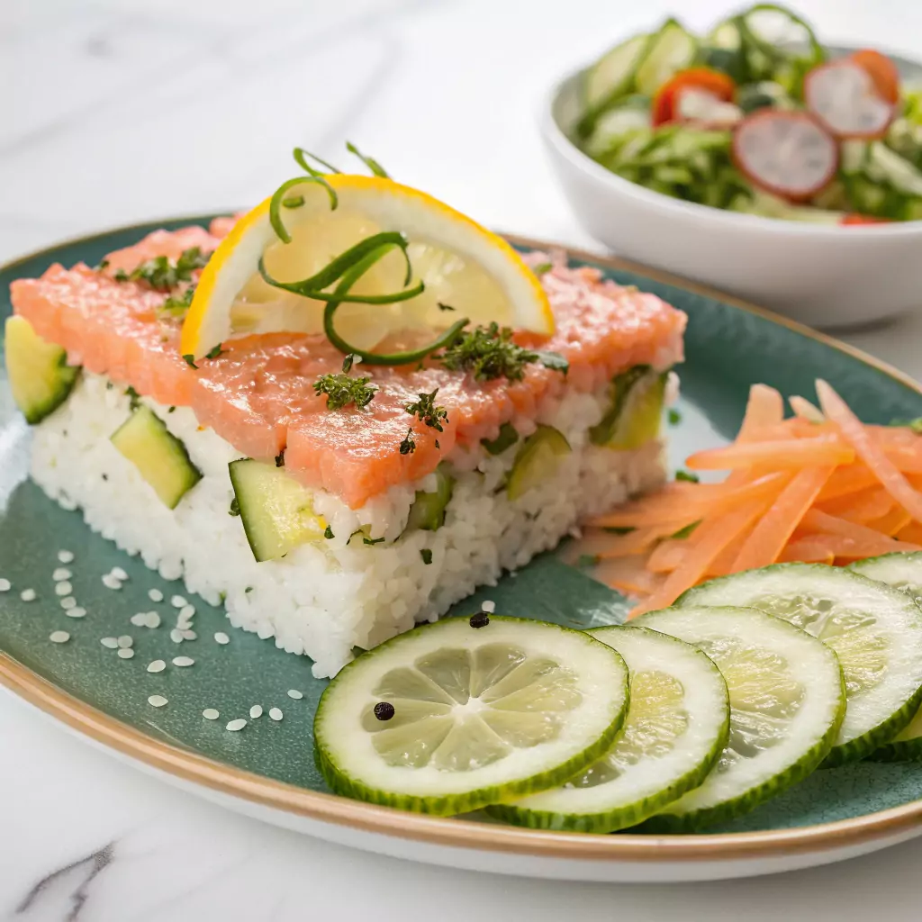 Served slice of sushi bake with cucumber salad sushi bake recipe