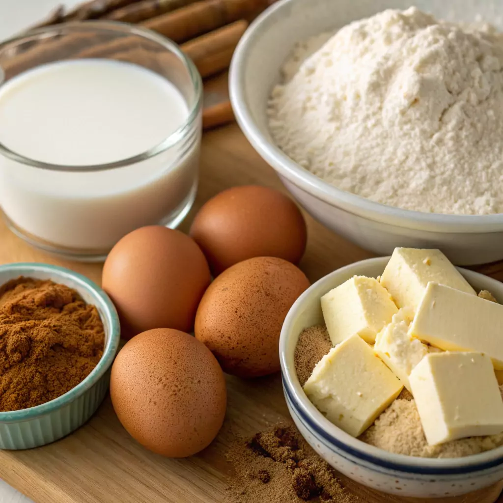  A detailed culinary photograph showcasing ingredients for cinnamon rolls: sifted all-purpose flour, instant yeast, whole milk, softened butter, granulated and brown sugars, cinnamon, fresh eggs, and a pinch of salt, arranged on a wooden surface, with soft lighting highlighting the textures and colors of the ingredients.